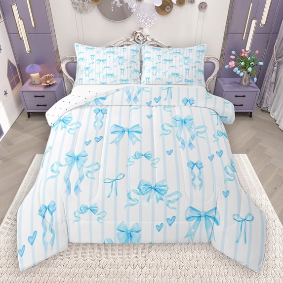 Castle Fairy Blue Bow 3-Piece Full Size Comforter Sets for Children Teens,Kawaii Bowknot Bedding Comforter Set,Cartoon Geometric Lines Lightweight Bedding Sets,Super Cozy Room Decor