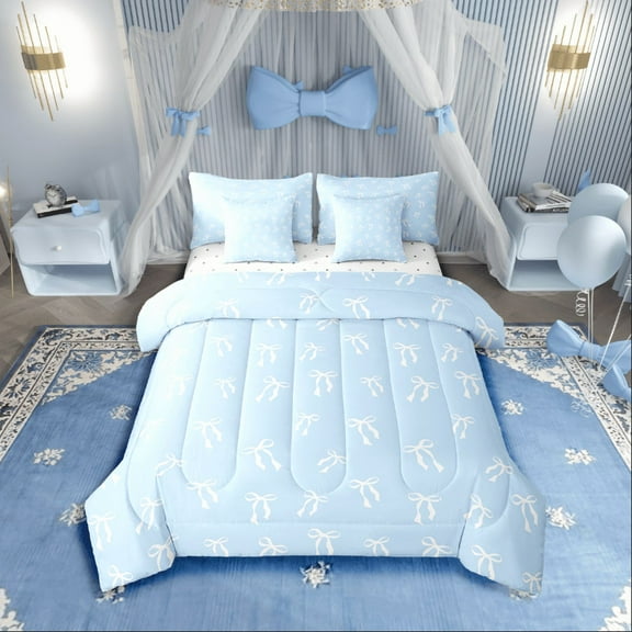 Castle Fairy Blue Bow 7 Pieces Bedding Comforter Set,Cartoon Bowknot Full Bedding Set Lightweight,Dreamy Princess Fitted Sheet Flat Sheet,Ultra Soft Kawaii Room Decoration