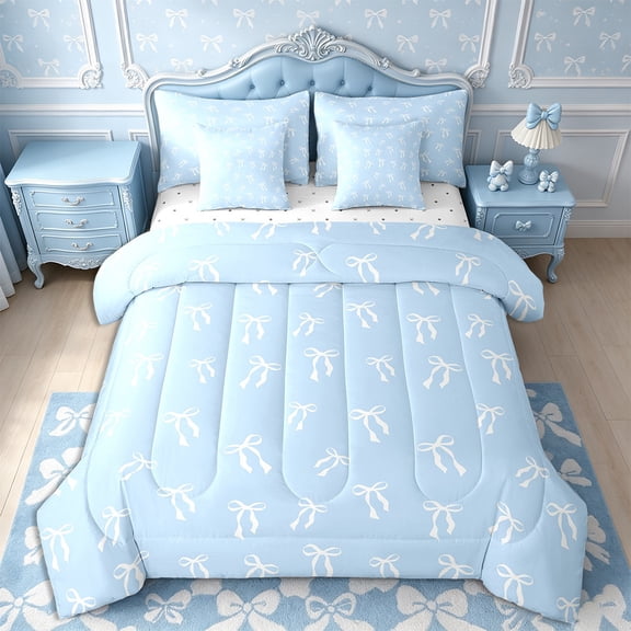 Castle Fairy Blue Bow 7pcs Bedding Comforter Set,Cartoon Bowknot Queen Bedding Sets Super Cozy,Dreamy Princess Queen Sheet Sets,Ultra Soft Kawaii Room Decoration