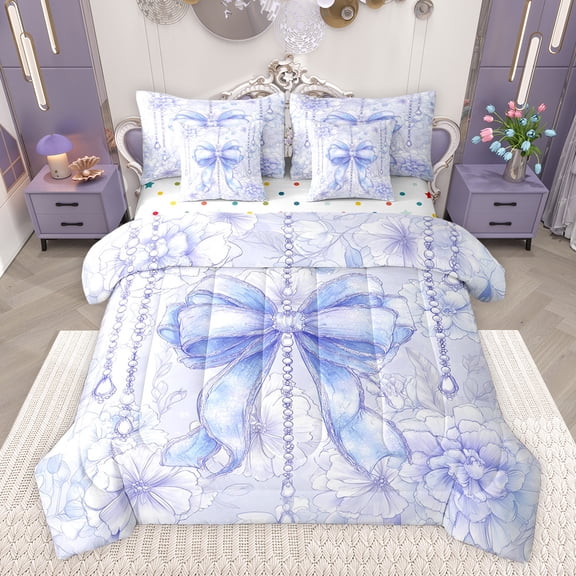 Castle Fairy Blue Bow 7-Piece Full Bedding Comforter Set for Kids Teens Girls