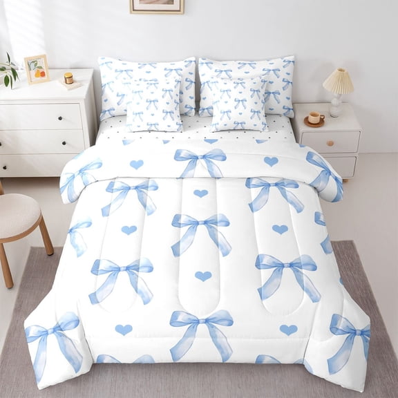 Castle Fairy Blue Bow Knot Bedding Comforter Set,Love Heart Print Full Bedding Set