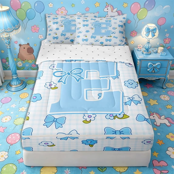 Castle Fairy Blue Bow Letter E Zipper Full Size Comforter Sets with Fitted Sheet and 2 Pillowcases for Girls,Kawaii Flowers Checkered Zipper Bedding Set,4pcs,Reversible