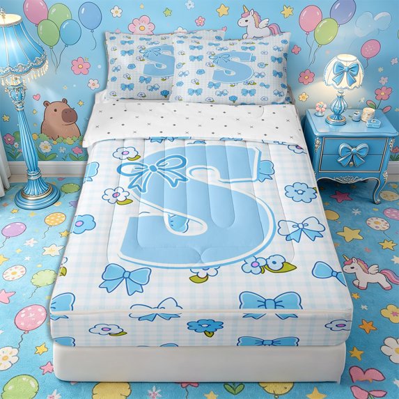 Castle Fairy Blue Bow Letter S Zipper Twin Comforter Sets with Fitted Sheet and 2 Pillowcases for Girls,Cute Flowers Zipper Bedding Set,4-Piece,Reversible