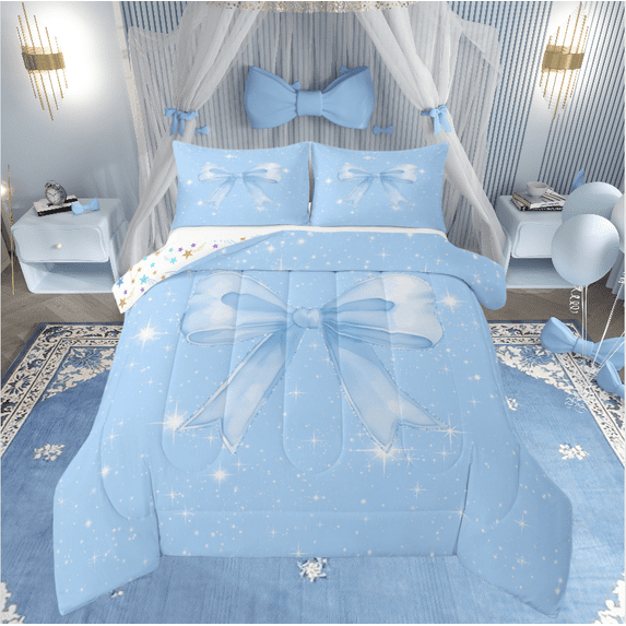 Castle Fairy Blue Bowknot 3-Piece Full Size Comforter Sets for Teens,Sparkling Sequin Bedding Comforter Set,Dreamy Princess Lightweight Bedding Sets,Luxury Bedroom Decor