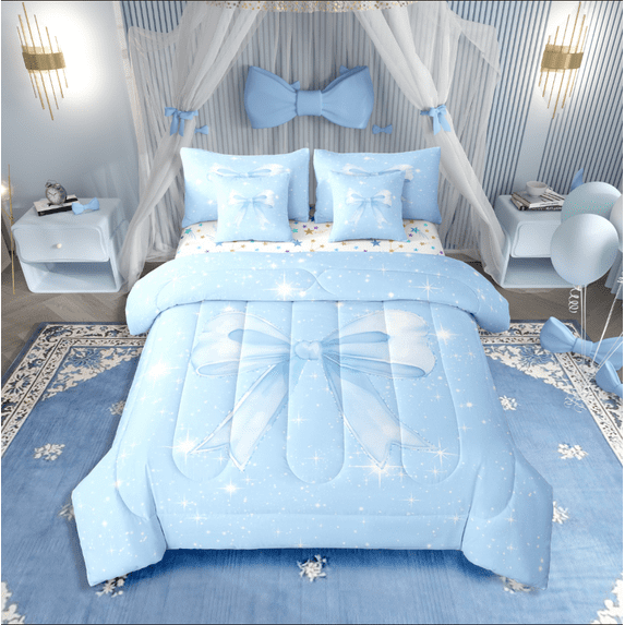 Castle Fairy Blue Bowknot 7 Pieces Bedding Comforter Set for Teens,Sparkling Sequin Full Bedding Set Lightweight,Dreamy Princess Fitted Sheet Flat Sheet,Luxury Bedroom Decor