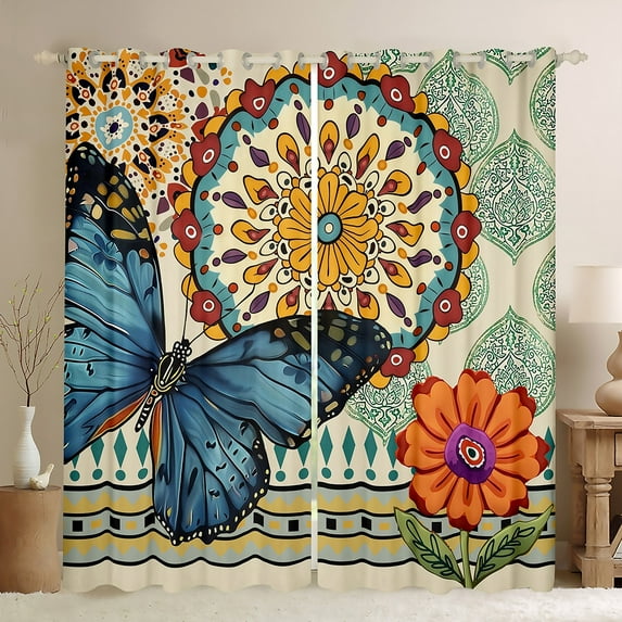Castle Fairy Blue Butterfly Black Out Curtains for Female Men Women,Bohemian Floral Mandala Curtains Pack of 2 (42x63 Each),Chic Flowers Bedroom Curtains,Super Cozy Room Decor