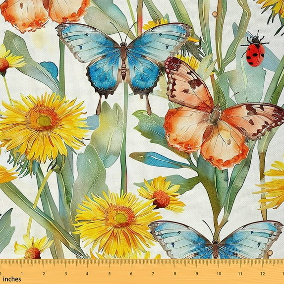 Castle Fairy Blue Butterfly Fabric by the Yard 1 Yard,Floral Daisy Home Decor Fabric by the Yard,Botanical Plants Room Decor Fabric by the Yard,Microfiber Teens Bedroom Decor