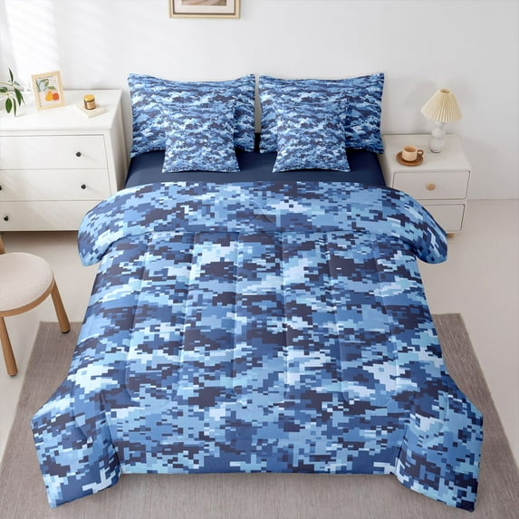 Castle Fairy Blue Camo Bedding Comforter Set 7 Pieces for Kids Children Teens,Plaid Camouflage Full Bedding Set Lightweight,Abstract Geometric Fitted Sheet Flat Sheet,Super Cozy Room Decor