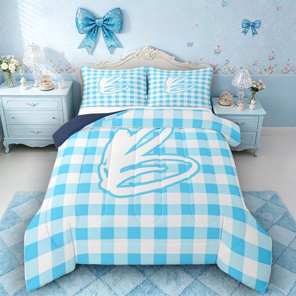 Castle Fairy Blue Check Letter B Queen Comforter Set 3pcs for Kids,Geometric Checkered Bedding Comforter Set,Navy Blue Reversible