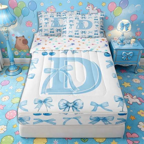 Castle Fairy Blue Cherry Bow Letter D Zipper Twin Comforter Sets with Fitted Sheet and 2 Pillowcases for Girls,Kawaii Fruit Initial Zipper Bedding Set,4-Piece,Reversible
