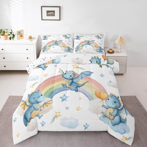 Castle Fairy Blue Dragon 2pcs Bedding Comforter Set,Starry Sky Twin Comforter Sets,Cartoon Rainbow Breathable Bedding Set,Super Cozy Cute Room Decor,Reversible