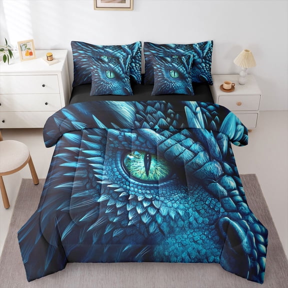 Castle Fairy Blue Dragon Bedding Comforter Set,Abstract Wildlife King Bedding Sets