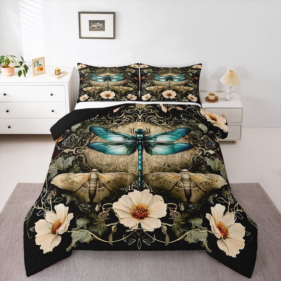 Castle Fairy Blue Dragonfly Moth Full Size Comforter Sets,Chic Floral Daisy Bedding Sets