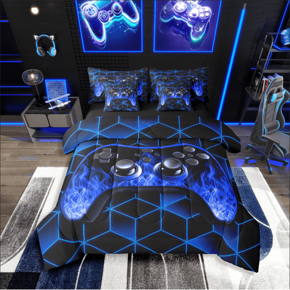 Castle Fairy Blue Gamepads 7 Pieces Bedding Comforter Set for Teens,Video Game Full Bedding Set Lightweight,Abstract Geometric Fitted Sheet Flat Sheet,Lightweight Room Decor