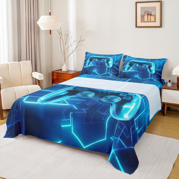 Castle Fairy Blue Gamepads Full Size Sheets 4-Piece for Teens Adults,Video Game Breathable Bed Sheets,Futuristic Cubes Lightweight Sheet Sets,Microfiber Bedroom Decor