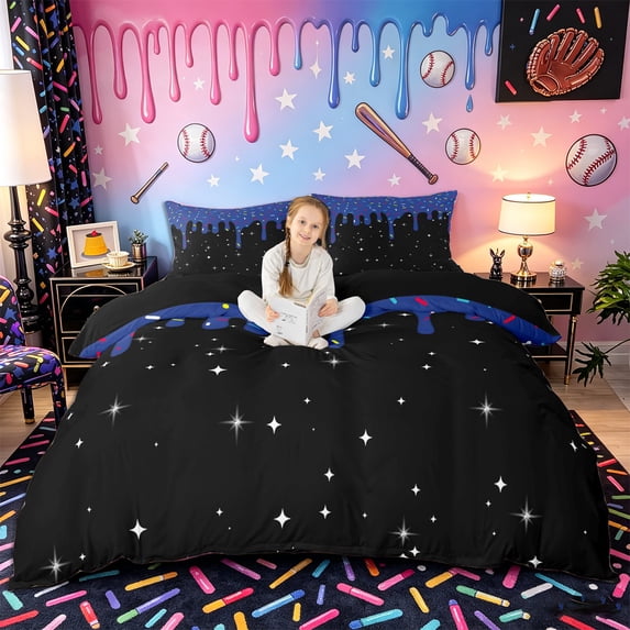 Castle Fairy Blue Ice Cream Drip Duvet Cover Queen, Starry Sky Queen Bedding,Black Reversible,3-Piece,1 Duvet Cover and 2 Pillowcases
