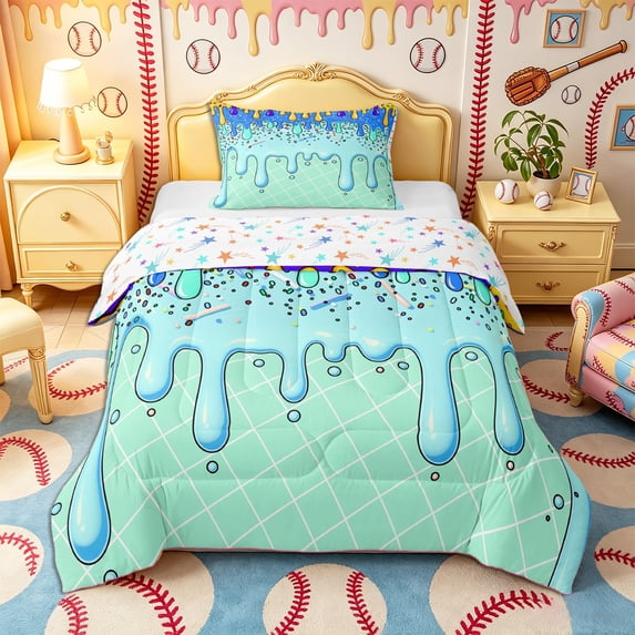 Castle Fairy Blue Ice Cream Drip Twin Comforter Sets 2pcs, Watercolor Food Dessert Bedding Set, Blue Green Yellow,1 Comforter and 1 Pillowcase