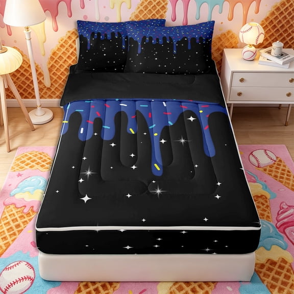 Castle Fairy Blue Ice Cream Drip Zipper Twin Comforter Sets with Fitted Sheet and 2 Pillowcases, Starry Sky Zipper Bedding Set,4-Piece,Black Reversible
