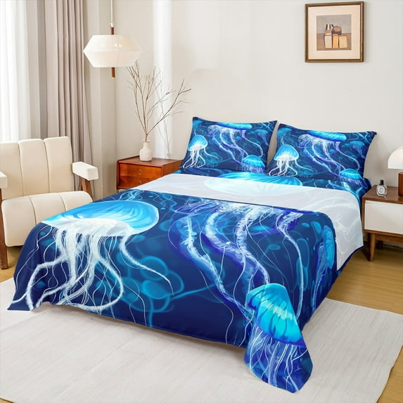 Castle Fairy Blue Jellyfish 3pcs Twin Sheet Sets,Marine Animal Twin Fitted Sheet,Ocean Wildlife Breathable Flat Sheet,Lightweight Sea Room Decor