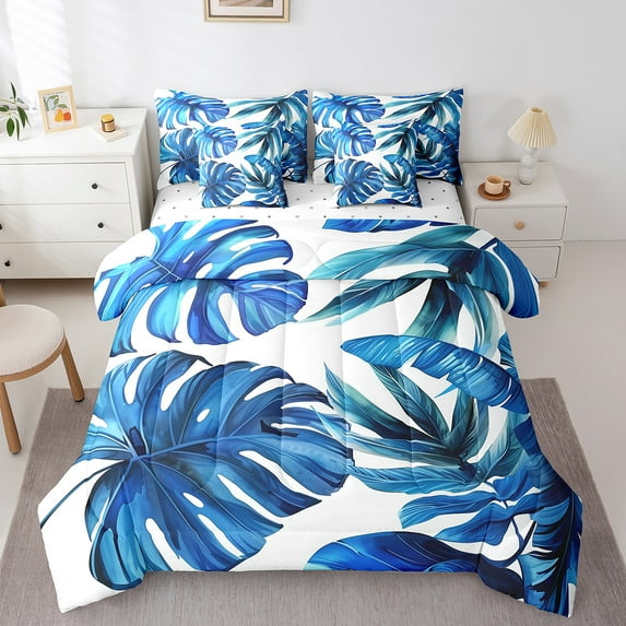 Castle Fairy Blue Leaves 7 Pieces Bedding Comforter Set,Tropical Plants Full Bedding Set Lightweight,Botanical Theme Fitted Sheet Flat Sheet,Breathable Abstract Home Decor,Reversible