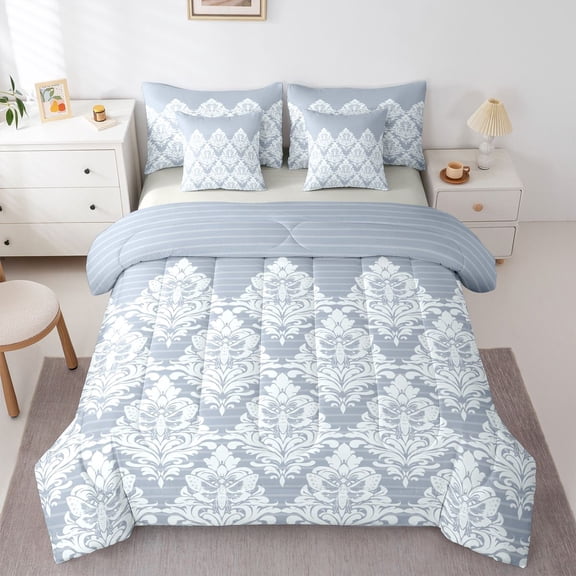 Castle Fairy Blue Moth Damask Bedding Comforter Set,Bohemian Flower Queen Bedding Sets