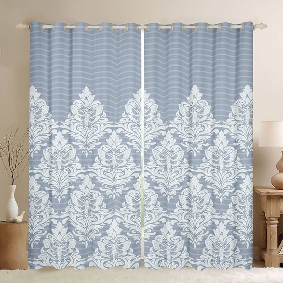 Castle Fairy Blue Moth Damask Black Out Curtains,Boho Curtains Pack of 2 (42x63 Each)