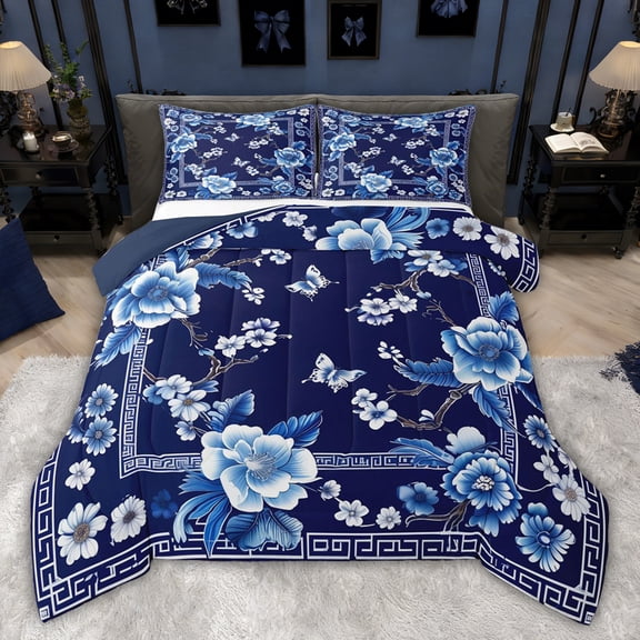 Castle Fairy Blue Peony Twin Comforter Sets for Teens,Floral Flower Bedding Set