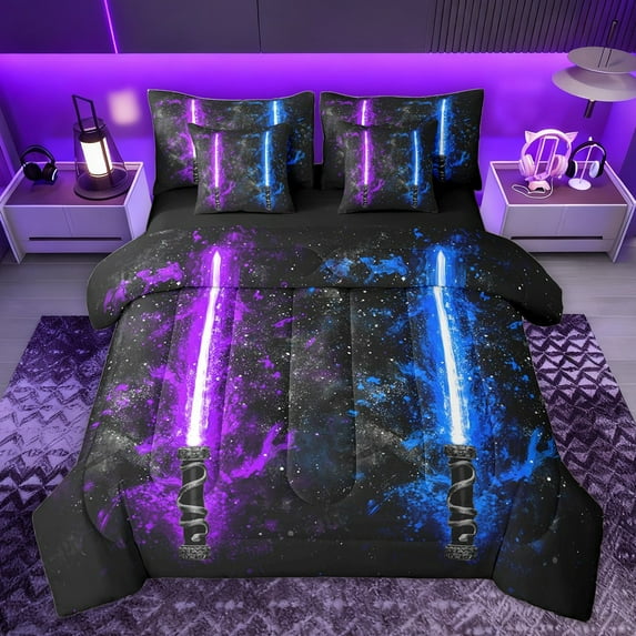 Castle Fairy Blue Purple Lightsaber Bedding Comforter Set 7pcs for Boys Girls,Universe Galaxy Queen Bedding Sets Super Cozy,Video Game Gamepads Queen Sheet Sets,Super Cozy Room Decor,Reversible
