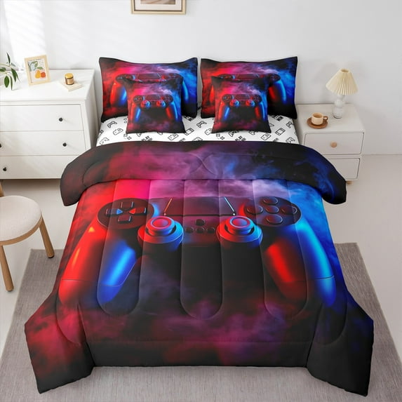 Castle Fairy Blue Red Gamepads Bedding Comforter Set,Gradient Ombre Queen Bedding Sets