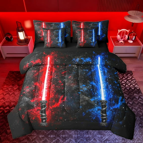 Castle Fairy Blue Red Lightsaber Twin Bedding Sets 7-Piece for Boys Girls,Universe Galaxy Bedding Comforter Set Microfiber,Video Game Gamepads Breathable Sheet Sets,Super Cozy Room Decor,Reversible