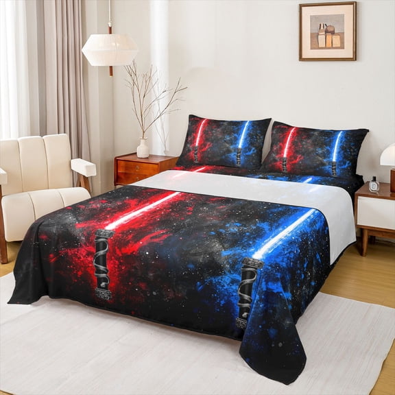 Castle Fairy Blue Red Lightsaber Twin Sheet Sets 3pcs for Boys Girls,Universe Galaxy Twin Fitted Sheet Microfiber,Video Game Gamepads Breathable Flat Sheet,Super Cozy Room Decor