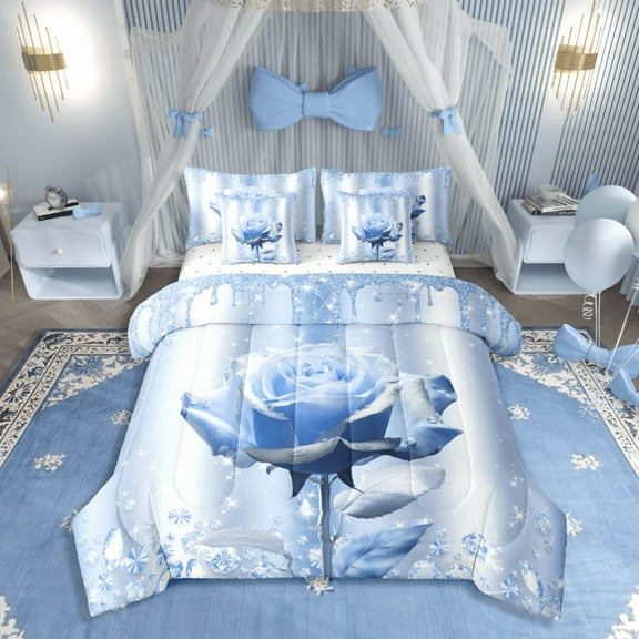 Castle Fairy Blue Rose 7pcs Bedding Comforter Set,Bling Glitter Queen Bedding Sets Super Cozy,Sparkling Crystal Queen Sheet Sets,Breathable Floral Home Decor