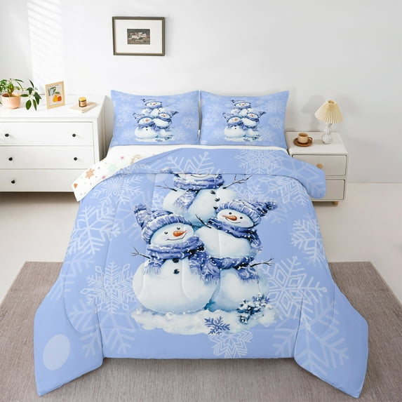 Castle Fairy 3-Piece Queen Size Comforter Set - Blue Snowman Christmas Print