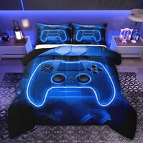 Castle Fairy Blue Video Game Twin Comforter Sets Female Men,Hexagon Gamepads Bedding Set