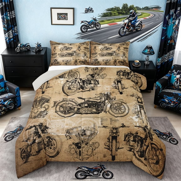 Castle Fairy Blueprint Motorcycle Queen Comforter Set 3pcs for Teens, Vintage Sketch Print Bedding Comforter Set for Retro Bedroom, Brown Black,Grey Reversible