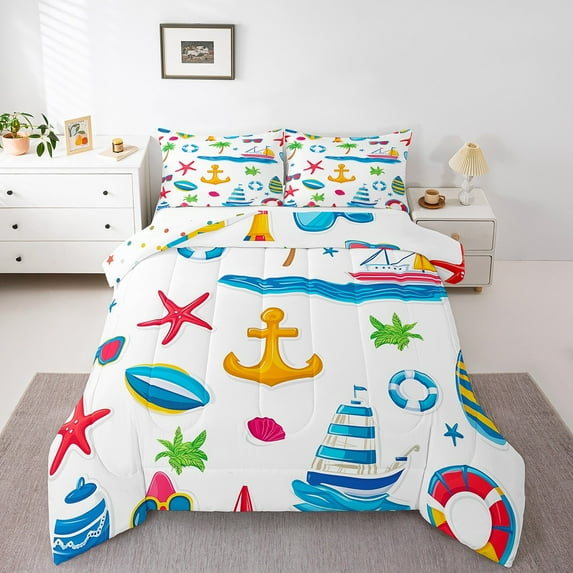 Castle Fairy Boat Anchor 2pcs Bedding Comforter Set,Ocean Starfish Twin Comforter Sets,Nautical Theme Breathable Bedding Set,Ultra Soft Sea Home Decor,Reversible