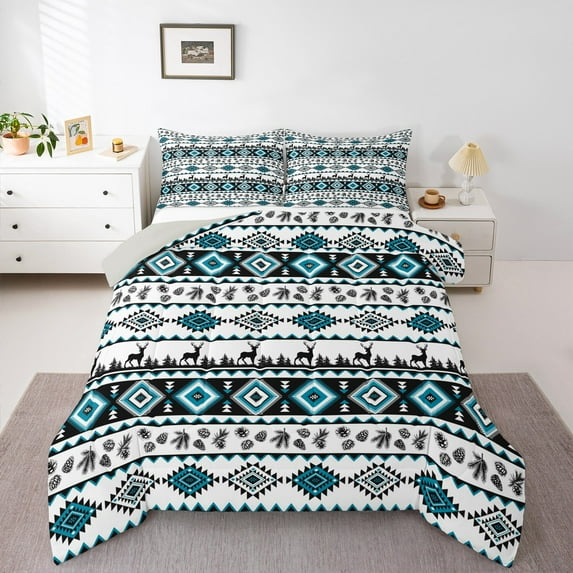 Castle Fairy Bohemian Aztec 2pcs Bedding Comforter Set,Black Blue Twin Comforter Sets,Geometric Theme Breathable Bedding Set,Breathable Animal Home Decor,Reversible