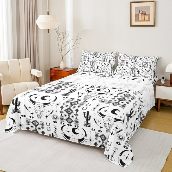 Castle Fairy Bohemian Aztec 3pcs Twin Sheet Sets,Western Theme Twin Fitted Sheet,Bull Skull Breathable Flat Sheet,Breathable Tribal Home Decor