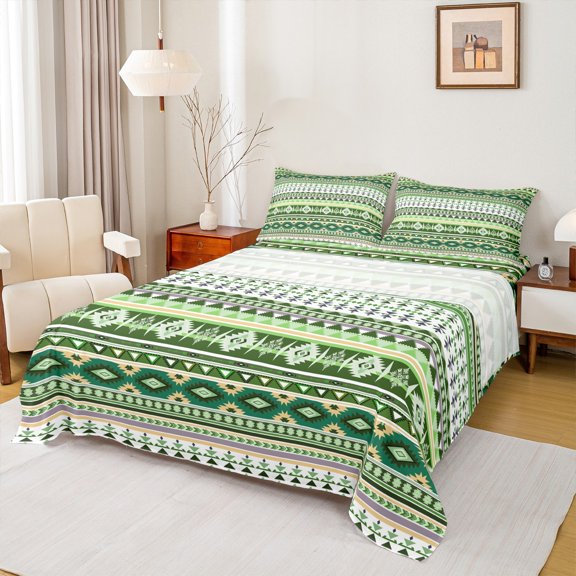 Castle Fairy Bohemian Aztec 4-Piece Full Size Sheets,Exotic Style Bed Sheets,Green Yellow Lightweight Sheet Sets,Lightweight Tribal Room Decor