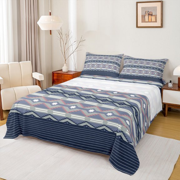 Castle Fairy Bohemian Aztec 4 Pieces Queen Sheet Sets,Exotic Style Ultra Soft Flat Sheet,Blue Grey Queen Fitted Sheet,Lightweight Tribal Room Decor