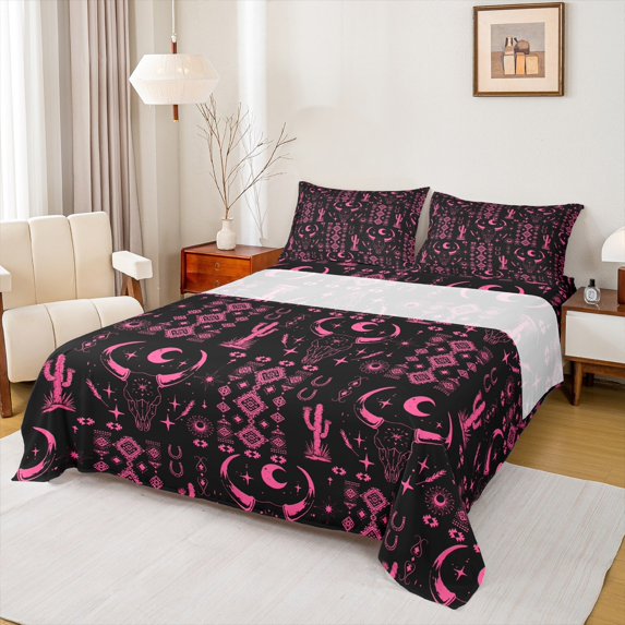 Castle Fairy Bohemian Aztec 4 Pieces Queen Sheet Sets,Western Theme Ultra Soft Flat Sheet,Bull Skull Queen Fitted Sheet,Breathable Tribal Home Decor