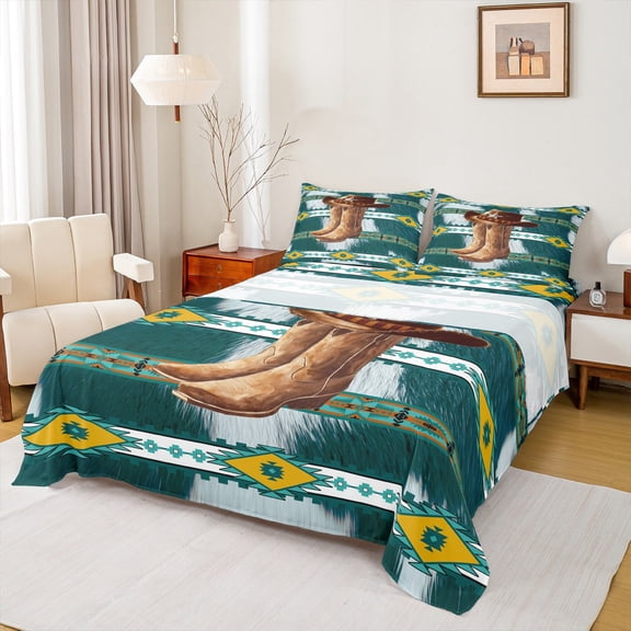 Castle Fairy Bohemian Aztec Bed Sheets,Western Vintage Boots King Sheets