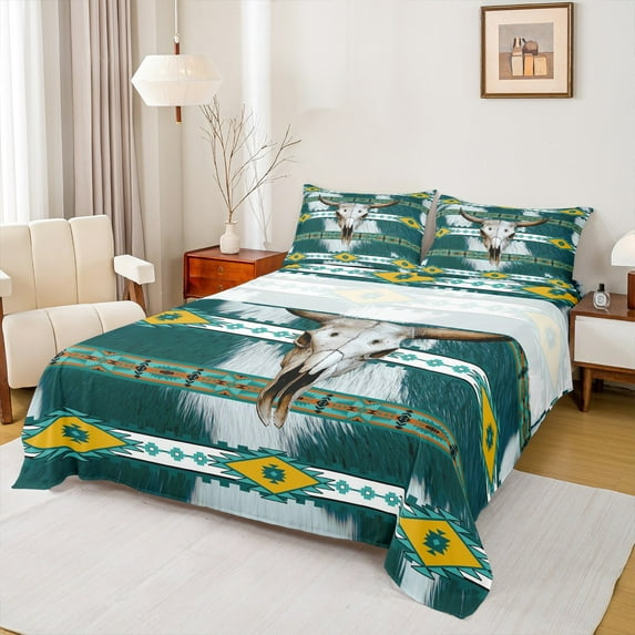 Castle Fairy Bohemian Aztec Bed Sheets for Teens Female Men,Western Bull Skull King Sheets