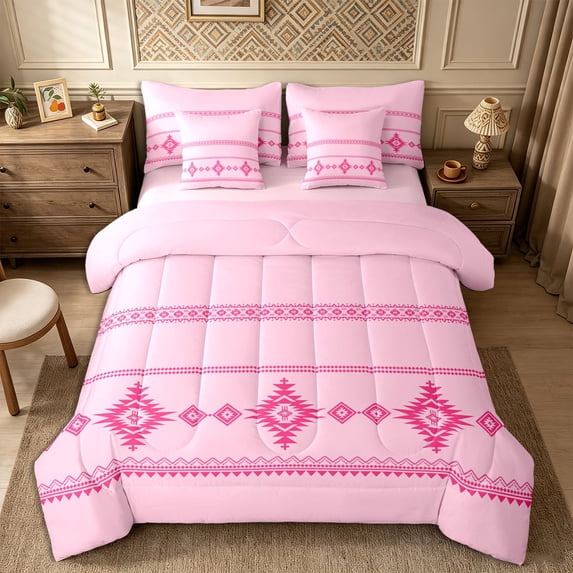 Castle Fairy Bohemian Aztec Border 7-Piece Twin Bedding,Tribal Diamond Strip Bedding Comforter Set,Hot Pink Pastel Pink,Reversible