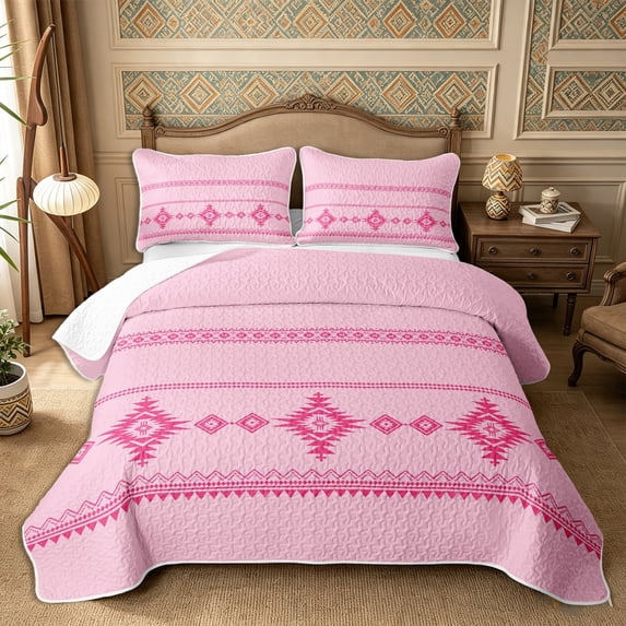 Castle Fairy Bohemian Aztec Border Bed Spread Queen 3pcs,Tribal Diamond Strip Queen Coverlet Set,Hot Pink Pastel Pink,1 Quilt and 2 Pillowcases
