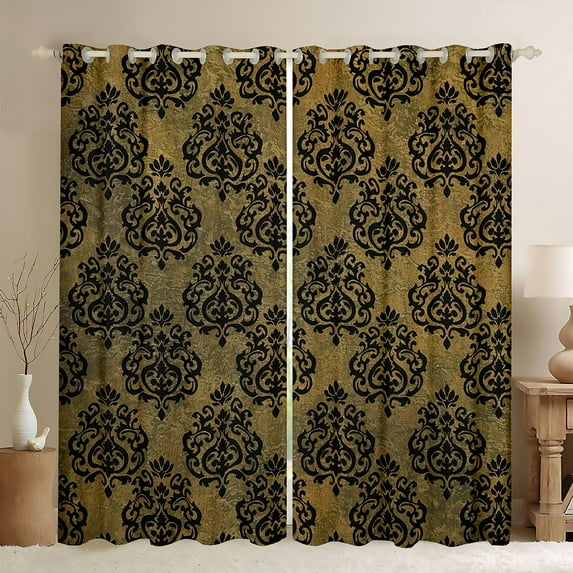 Castle Fairy Bohemian Black Damask Blackout Curtains Set of 2 (52x84 Each) for Boys Girls,Exotic Style Traditional Floral Flower Window Curtains,Retro Vintage Boho Curtains and Drapes Home Decor