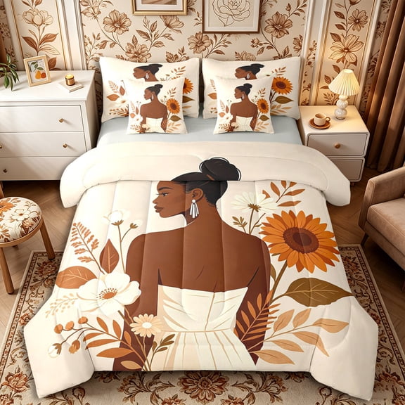 Castle Fairy Bohemian Black Woman King Bedding 7pcs,Chic Floral Sunflower Art King Bed in a Bag,Beige,Grey Reversible