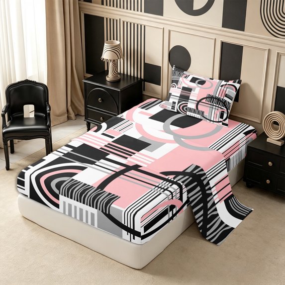 Castle Fairy Bohemian Circular Block Twin Sheets 3pcs,Vintage Linear Strip Bedding,Black Pink Gray,1 Flat Sheet, 1 Fitted Sheet and 1 Pillowcase