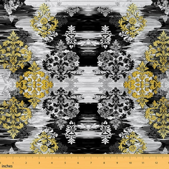 Castle Fairy Bohemian Damask Fabric by the Yard 10 Yard,Traditional Floral Room Decor Fabric by the Yard,Black Golden Sewing Fabric,Ultra Soft Abstract Home Decor
