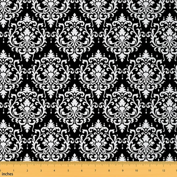 Castle Fairy Bohemian Damask Fabric by the Yard 2 Yards, Black White Victorian Fabric for Sewing, Boho Hippie Flower Home Decor Fabric by the Yard, Microfiber Bedroom Decor